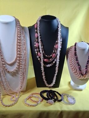 Pretty In Pink Jewelry Lot Necklaces Bracelets Genuine Pearls Rose Quartz
